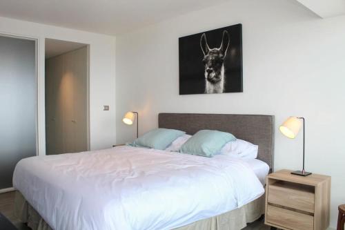 安托法加斯塔Espectacular Depto 1D1B, y Estacionamiento Privado Servicio HOM的卧室配有一张床铺,墙上挂着鹿的照片