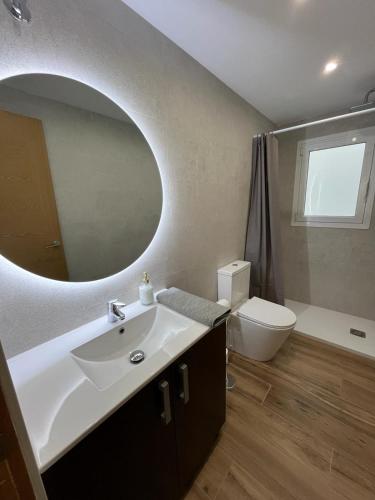 圣维森特德尔拉斯佩奇Apartamento Oasis Mediterráneo的一间带水槽、卫生间和镜子的浴室