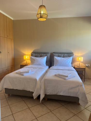 苏尼翁Sunset Dream Retreat的卧室内的两张床,配有两张台灯。