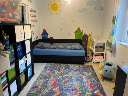 帕尔杜比采Celý dům + zahrada的卧室配有一张床,地板上铺有地毯