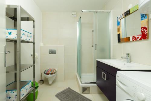 博维茨Svarun apartment的带淋浴、盥洗盆和卫生间的浴室