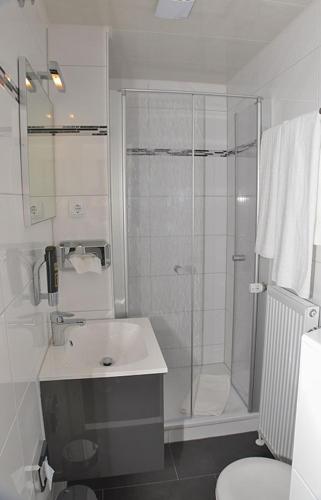 BeverstedtVittoria Hotel-Restaurant的带淋浴和盥洗盆的白色浴室