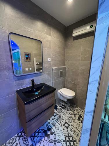 CrouyLa nuit de rêve Spa privatif Jaccuzi Sauna suite 1的一间带水槽和卫生间的浴室