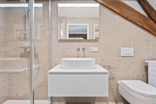 卢森堡Escape to Clausen Stylish Apartment ID212的白色的浴室设有水槽和卫生间。