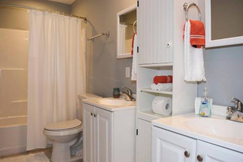 圣奥古斯丁Secret Cottage 10 min to DT Dogs OK BBQ Parking的浴室配有卫生间、盥洗盆和淋浴。
