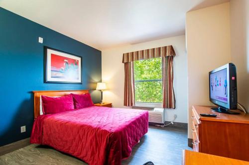谢拉维斯塔Sierra Vista studio apartment with full kitchen and King Bed的一间卧室配有红色的床和电视