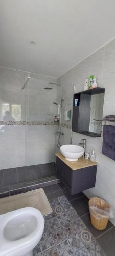 MokaAJ Studio Apartment的浴室配有卫生间、盥洗盆和淋浴。