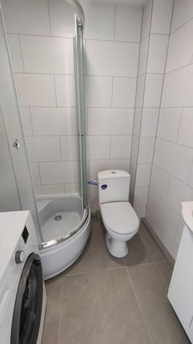 考纳斯Light and useful stay的带淋浴、卫生间和盥洗盆的浴室