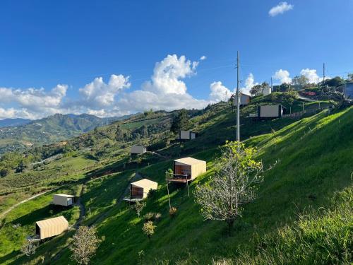 马里尼亚Glamping con Jacuzzi, permite mascotas LUUM的一座绿色的山丘,上面有房子