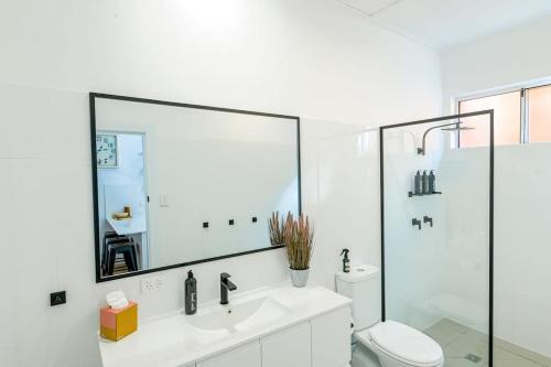 达博Tamworth Retreat - Sleek & Stylish, Sleeps 5的一间带水槽、卫生间和镜子的浴室