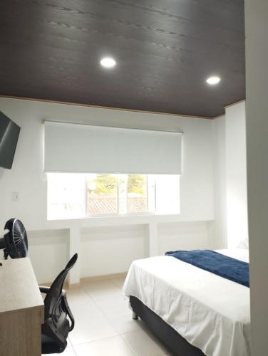 阿劳卡NIRVANA APARTAESTUDIOS的一间卧室配有一张床、一张书桌和一个窗户。