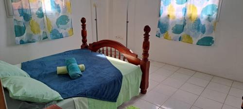 勒罗贝尔Villa Léïna的一间卧室配有一张带蓝色毯子的床