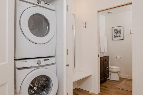 尼纳Luxury Downtown Flat的浴室内提供白色洗衣机和烘干机