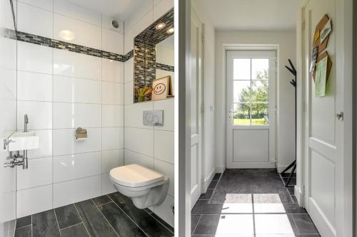 韦斯特卡佩勒Het Kleine Huis at Buitenplaats Zeeuwse Liefde的浴室设有卫生间和门,两幅图片
