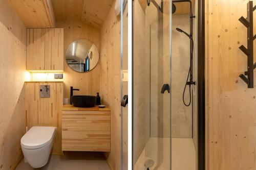 韦斯特卡佩勒Hello Zeeland - Zeeuwse Liefde Tiny House 7的一间带卫生间和淋浴的小浴室