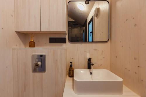 栋堡Hello Zeeland - Vakantiehuis Kerkstraat 1A的浴室设有白色水槽和镜子