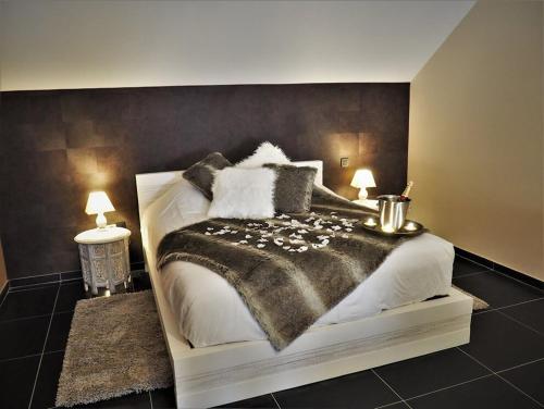 沙勒罗瓦Symbiose hotel的一间卧室配有一张带黑白毯子的床