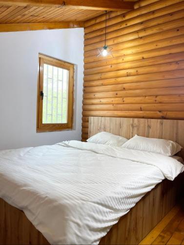 普里什蒂纳Villzone with big garden的木制客房内的一张大床,设有窗户
