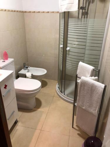 辛特拉Apartamento 1 Penedo的带淋浴、卫生间和盥洗盆的浴室