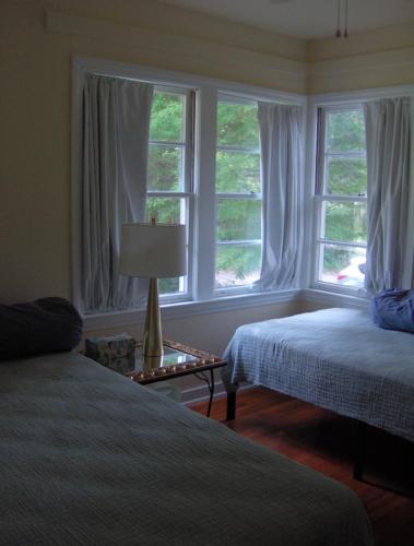 巴吞鲁日Mid-Century Modern meets Cajun Creole的一间卧室设有两张床和两个窗户。