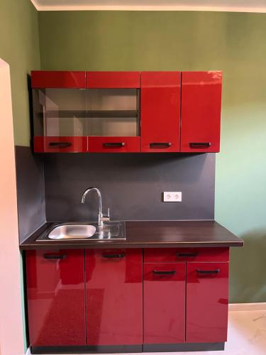 奎克博恩Guest room 1的红色的厨房,配有水槽和红色橱柜