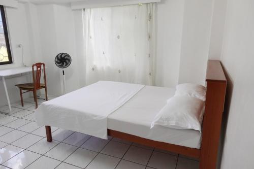 南迪Nadi Bethel Homestay的一间卧室配有一张带白色床单的床和一扇窗户。
