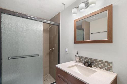 弗拉格斯塔夫The Cozy Cottage的浴室配有盥洗盆和带镜子的淋浴