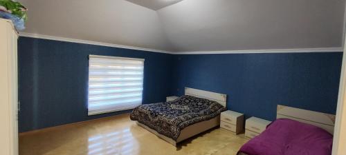 卡希Kirayə ev, Qax, Qaşqaçay guesthouse的一间卧室设有一张床和蓝色的墙壁