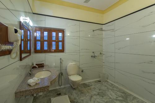 焦特布尔Polo Heritage Hotel的一间带卫生间、水槽和镜子的浴室