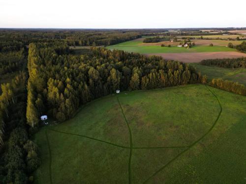 EikažiGlamping Yurt Purvs at Kleja Quiet Camping的树木绿地的空中景观