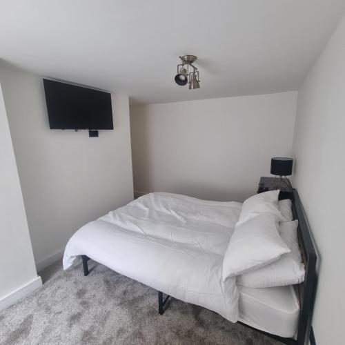 普里茅斯Quite central flat的卧室配有带白色床单的床铺和平面电视。