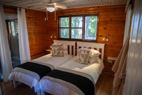 BonnievaleOlifantskrans River Cabins的配有木墙和窗户的客房内的两张床