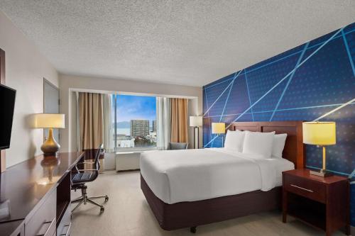 旧金山旧金山康福特湾酒店的配有一张床、一张书桌和一扇窗户的酒店客房