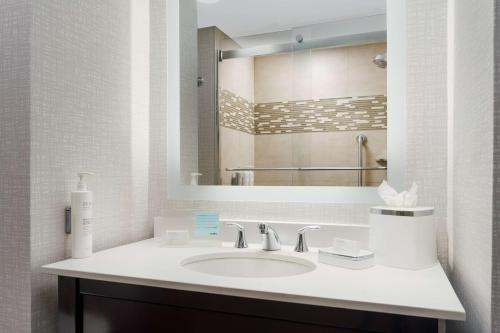 纽约时代广场中心汉普顿酒店的一间带水槽和镜子的浴室