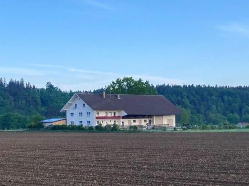 劳特拉赫Hof Lebenslust für Mensch und Tier的一座大型的白色房子,位于田野旁边