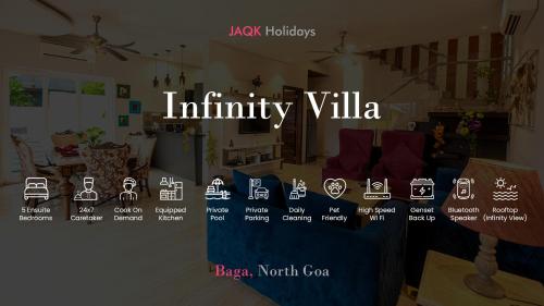 巴加Infinity Villa, 5BHK-Private Pool-Caretaker, Baga的客厅无边别墅的标志