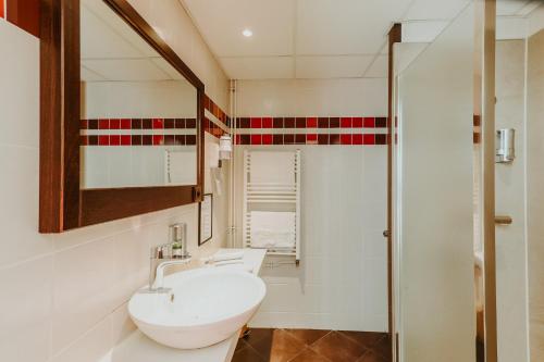 艾克斯莱班Hôtel L'Iroko The Originals City的浴室配有白色水槽和淋浴。