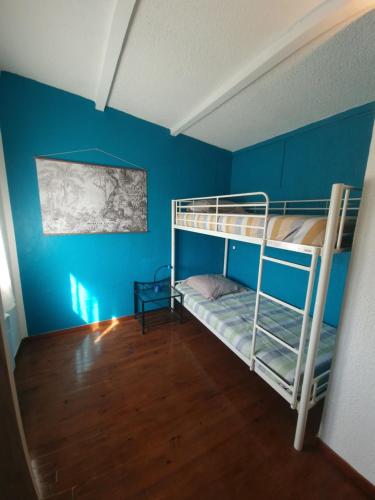波吉奥· 梅扎纳Villa frati的客房设有两张双层床和蓝色的墙壁。
