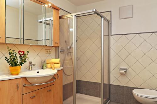 萨伦蒂诺Ferienhaus Berger的带淋浴、盥洗盆和卫生间的浴室