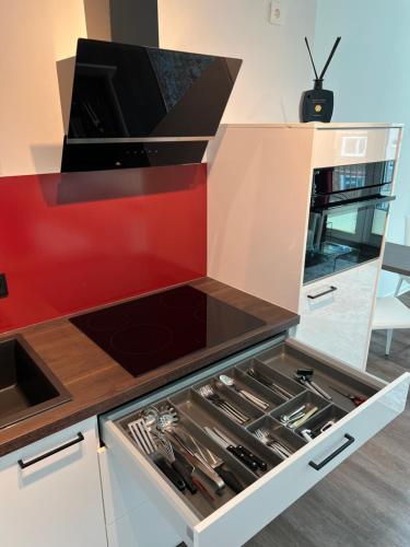 罗斯托克Exklusives Business & Living Apartment的厨房配有炉灶和红色台面