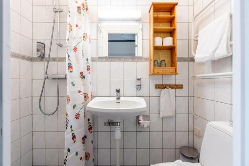 LövåsenLövåsgårdens Fjällhotell的一间带水槽和淋浴帘的浴室