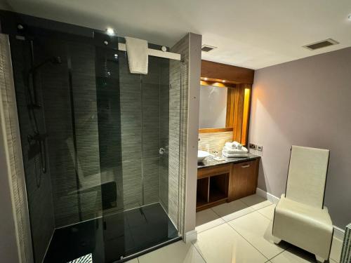 韦克菲尔德沃特顿公园酒店的一间带玻璃淋浴间和水槽的浴室