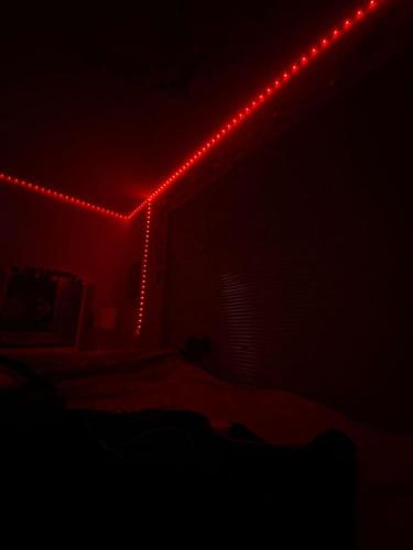 拉巴斯SpicyGameRoom的一间房间,床上有红灯