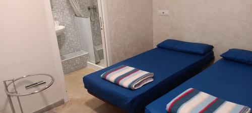 洛格罗尼奥圣地亚哥阿波斯托尔旅馆的一间小客房,配有两张床和一间浴室