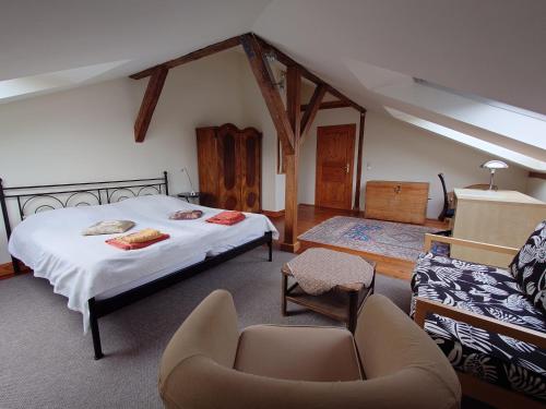 德累斯顿Ferienwohnungen Villa Haniel Sophie的一间卧室配有一张床、一把椅子和一张沙发