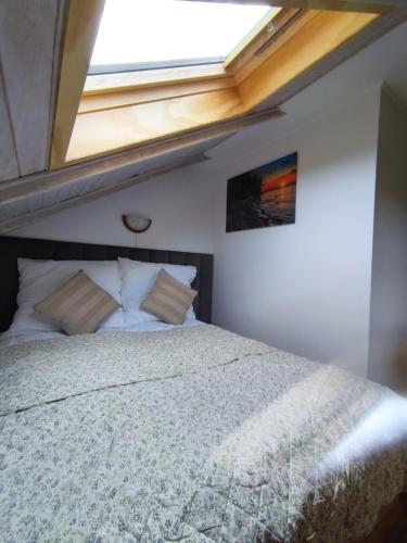 萨希诺Miły Domek Sasino的一间卧室配有一张带天窗的床