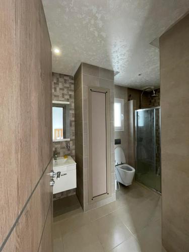 Hammamet SudMaison de vacances的带淋浴、盥洗盆和卫生间的浴室