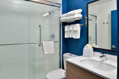 达拉斯Spark By Hilton Dallas Market Center的浴室配有卫生间、盥洗盆和淋浴。
