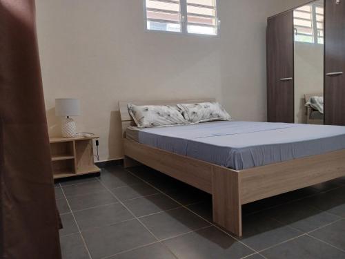马罗尼河畔圣洛朗Le T3 de l'Ouest的一间卧室配有一张蓝色床垫。