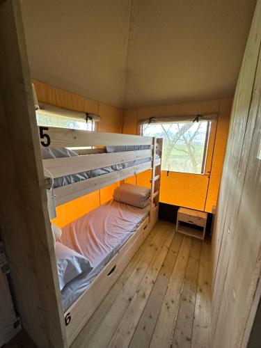 奥利奥Gran Camping Zarautz的一间小房间,内设两张双层床